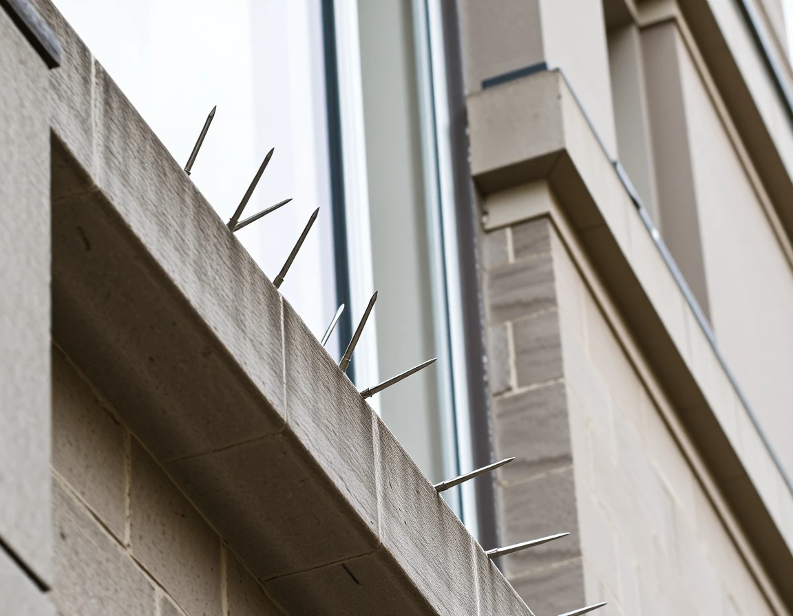 Pics anti-pigeons en inox installés sur un rebord de fenêtre en Suisse