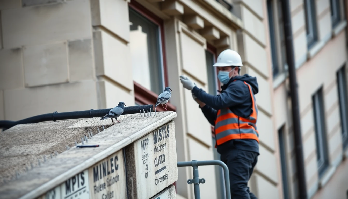 Installation de dispositifs anti-pigeons professionnels sur un bâtiment en Suisse romande
